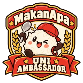 MakanApa ambassador crest: the MakanApa rice-ball mascot in a red cap holding a spoon