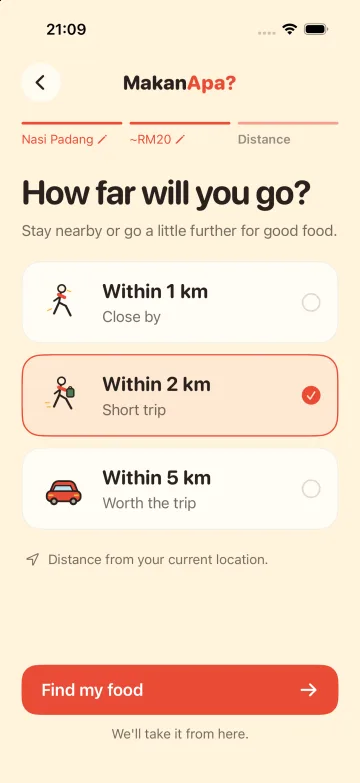 Distance step with within 1 km, 2 km and 5 km, with 2 km selected