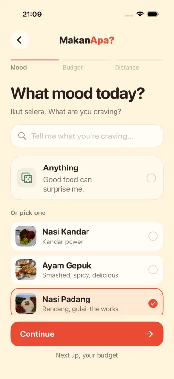 Mood step: type a craving, choose Anything, or pick Nasi Kandar, Ayam Gepuk or Nasi Padang, with Nasi Padang selected
