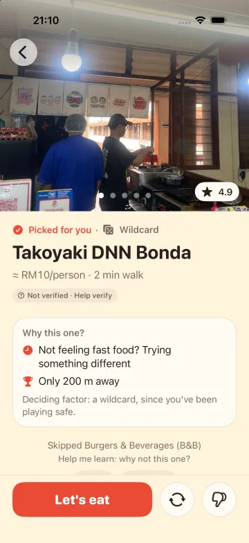 Result screen: MakanApa picked Takoyaki DNN Bonda, about RM10 per person and a 2 minute walk, with photos, a 4.9 rating, its halal status and why it was picked